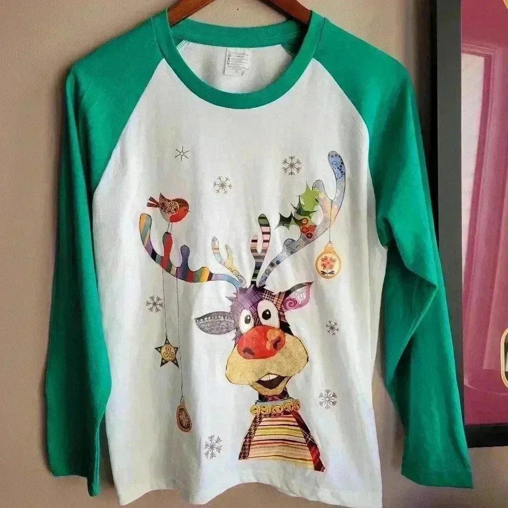 Unisex Christmas Simple Crewneck Long Sleeve Big Graphic Pullover Reindeer Small